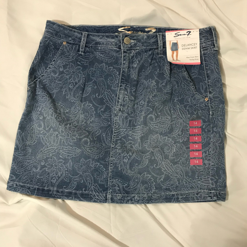 Seven7 Delancy Denim Skirt Paisley Print Size 14 NWT